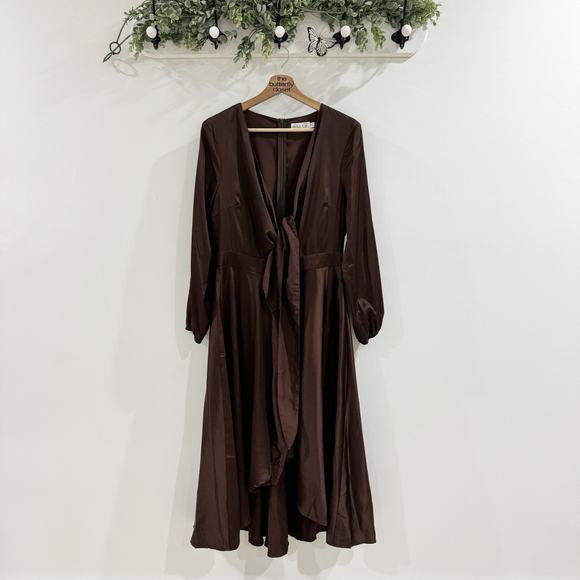 Billy j Sunny Daze Dress In Chocolate Satin Midi Long Sleeve Size 10 SN Ruffle - Picture 2 of 6